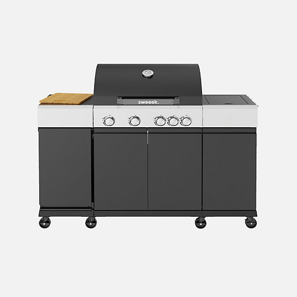 Barbecue gaz 4 brûleurs   1 feu latéral MAXIM noir. Acier. thermomètre intégré. récupérateur de graisse. grille de chauffe. L