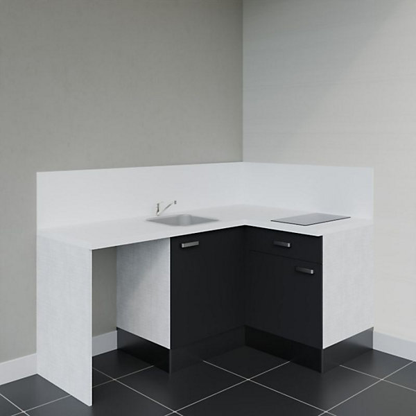 Kitchenette KA01 - 128 cm - Façades : Noir - Plan de travail : Blanc - Crédences : Oui - Evier