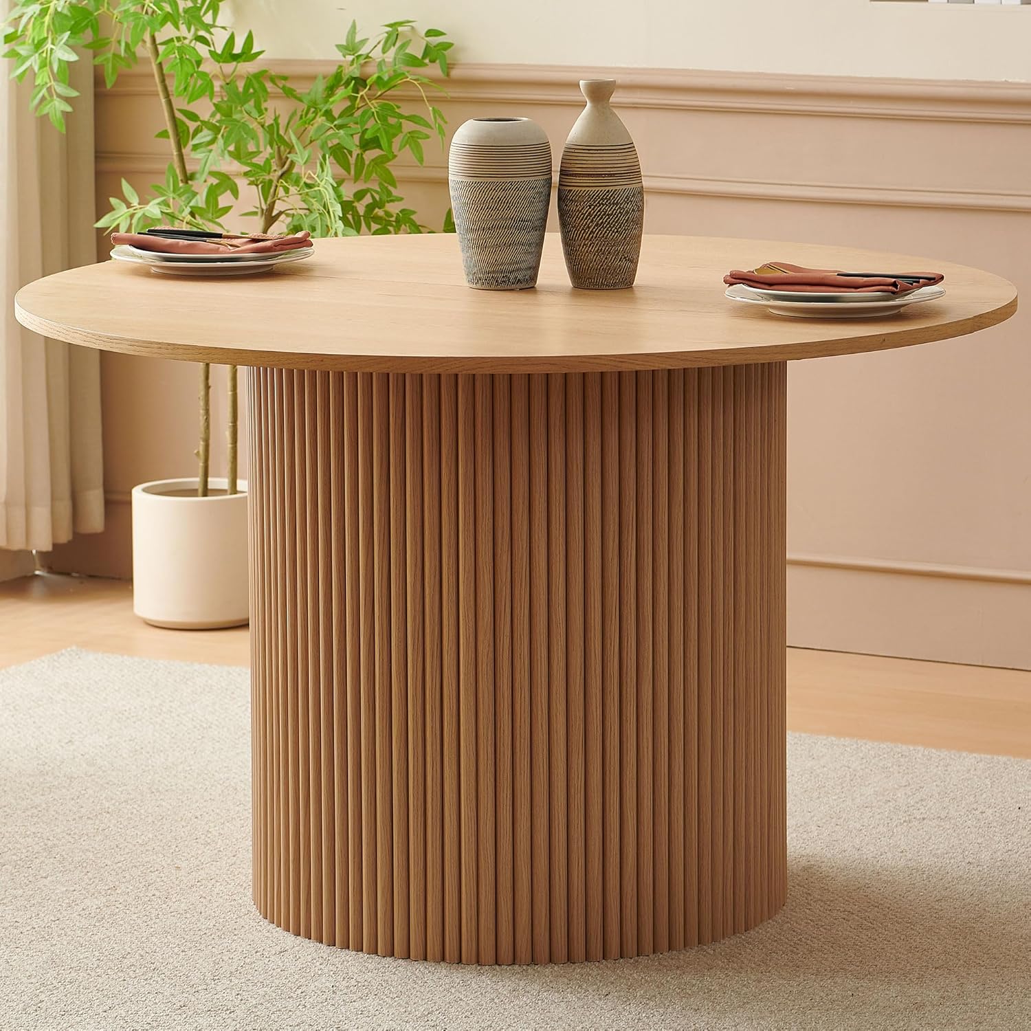 47 Round Dining Table for 4, Modern Farmhouse Wood Veneer Top with MDF Striped Base, Kitchen & Dining Room Tables - Oak Color