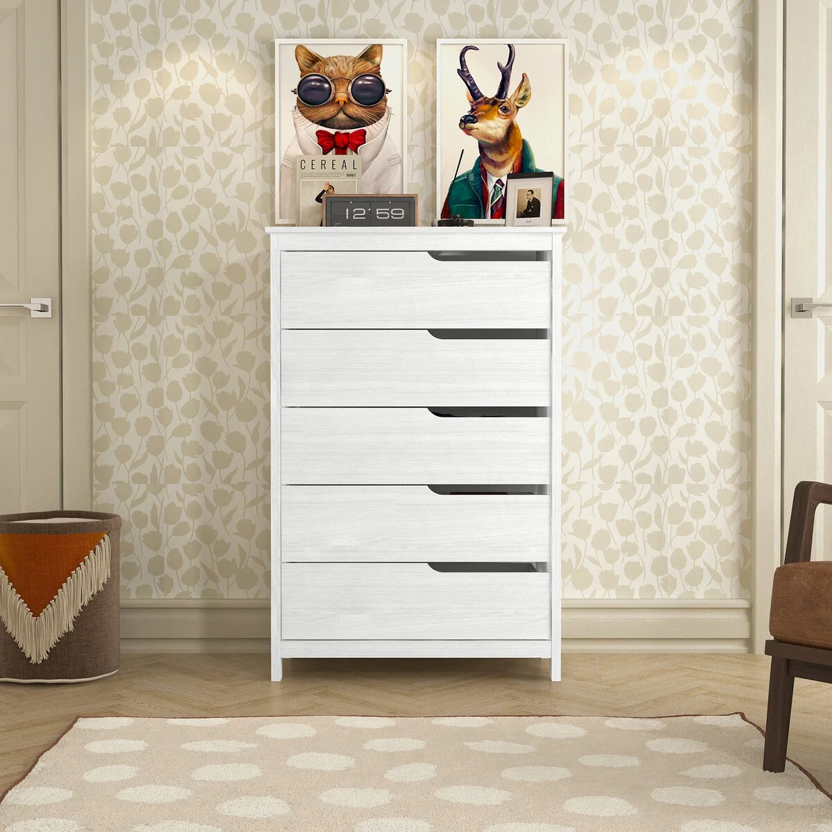 Cabbie Pearl White 5 Drawer 31.5 in. Wide Teen Chest of Drawer (Sturdy, Effortless Assembly with Interlocking Drawers)