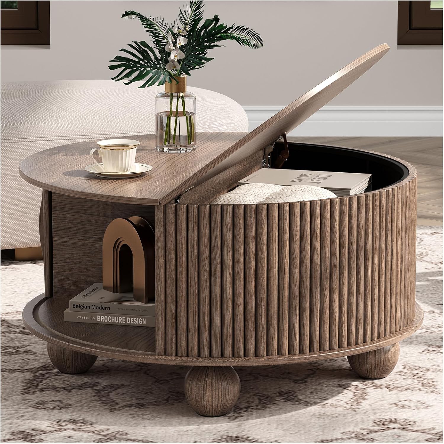 Round Coffee Table with Storage, 31.5 Walnut Fluted Drum Center Table, Mid Century Modern Wood Circle Table with Sliding Door & Bun Feet for Living Room