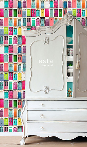 ESTAhome papier peint intissé XXL portes collorées rose, turquoise, orange, jaune et violet 50 x 900 cm