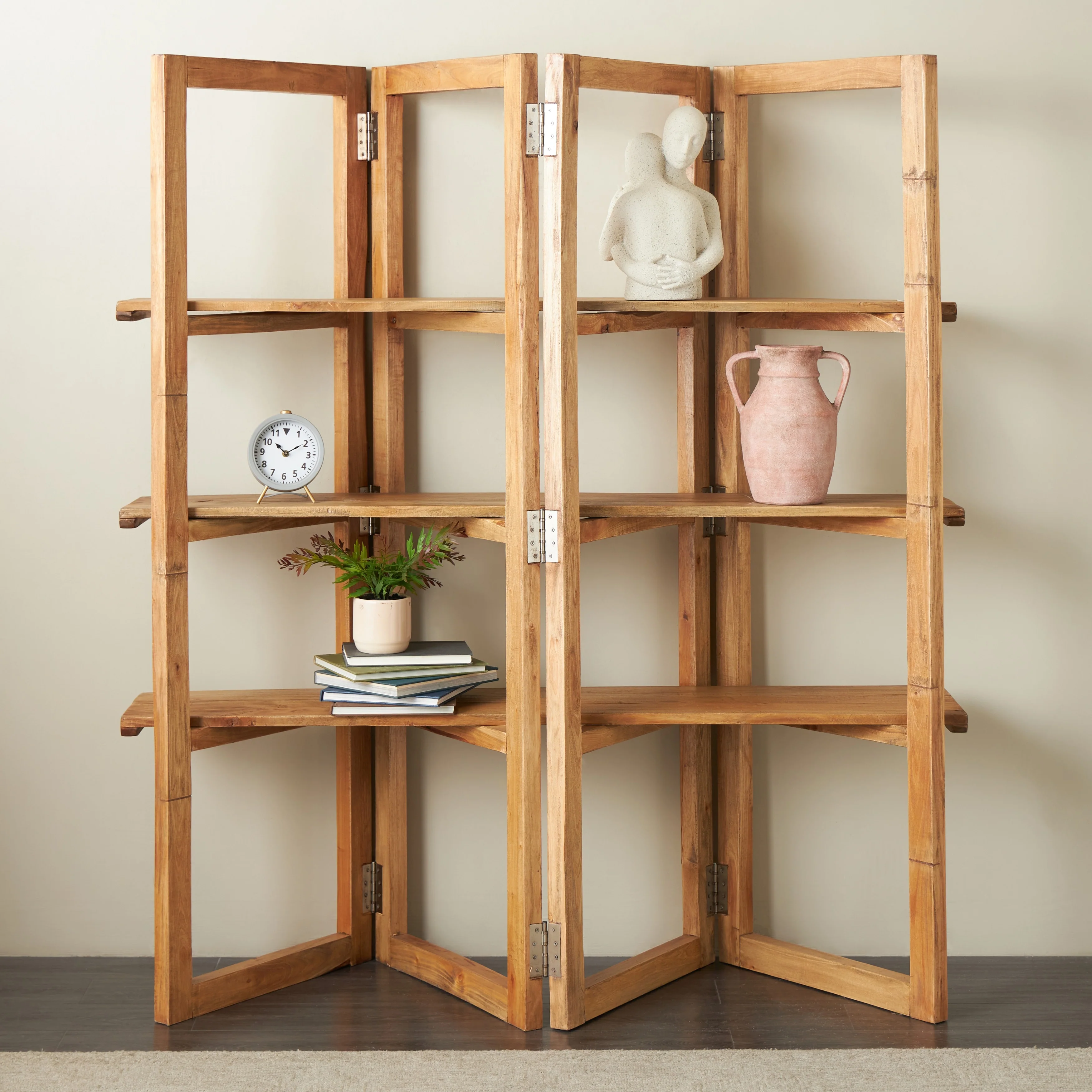 Wood Handmade Folding 3 Shelf Shelving Unit with Silver Metal Hardware - Brown - Roche River Decor - 22W x 63L x 71H
