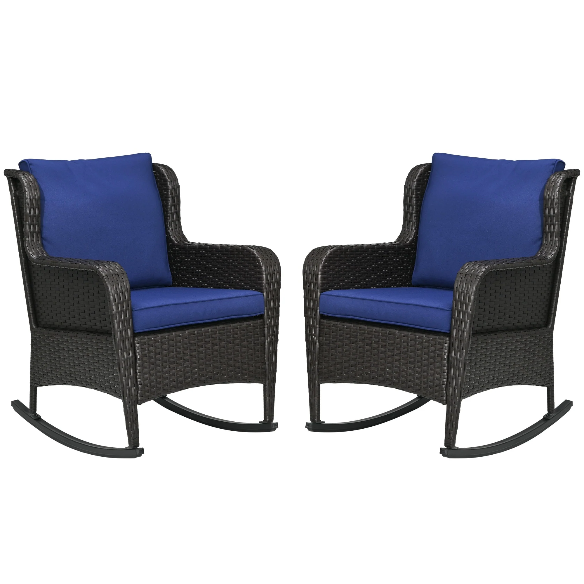 Outsunny Outdoor Wicker Rocking Chair Set of 2 with Wide Seat, Thick Cushions, Rattan Rockers with Steel Frame, High Weight