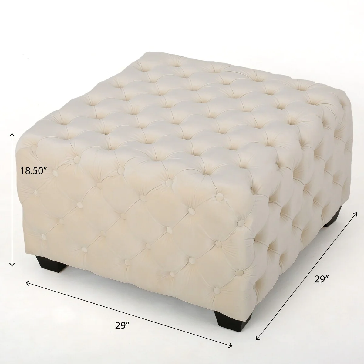 Square Button Tufted Velvet Ottoman Ivory