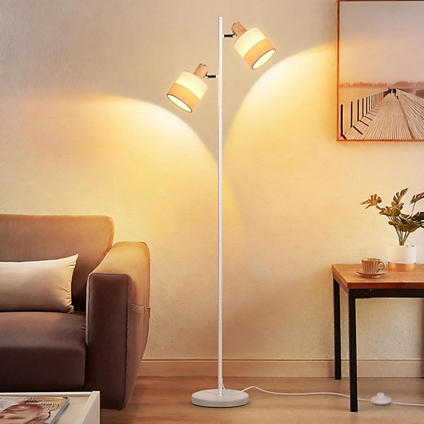 Nettlife Lampadaire Vintage Bois 2 Ampoules E14 - Rétro, Abat-jour Tissu, Rotatif, Interrupteur à Pied pour Salon (Sans Ampoules)