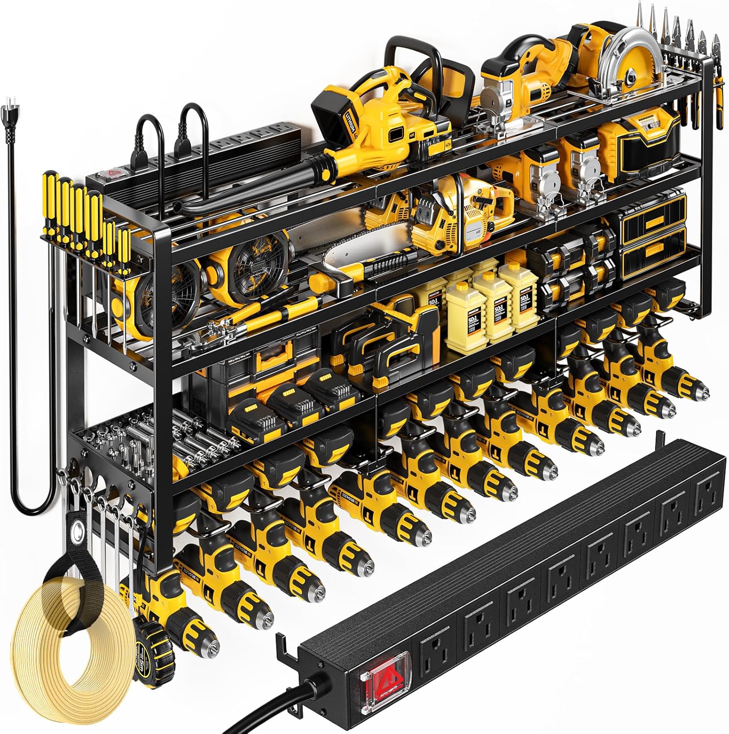 POKIPO 49.5 W Large Power Tool Organizer Wall Mount with Charging Station, 4 Tier Heavy Duty 12 Cordless Drills Holder Load 800 lb, Tool Battery Storage Rack Built in 8 Outlet Power Strip for Garage