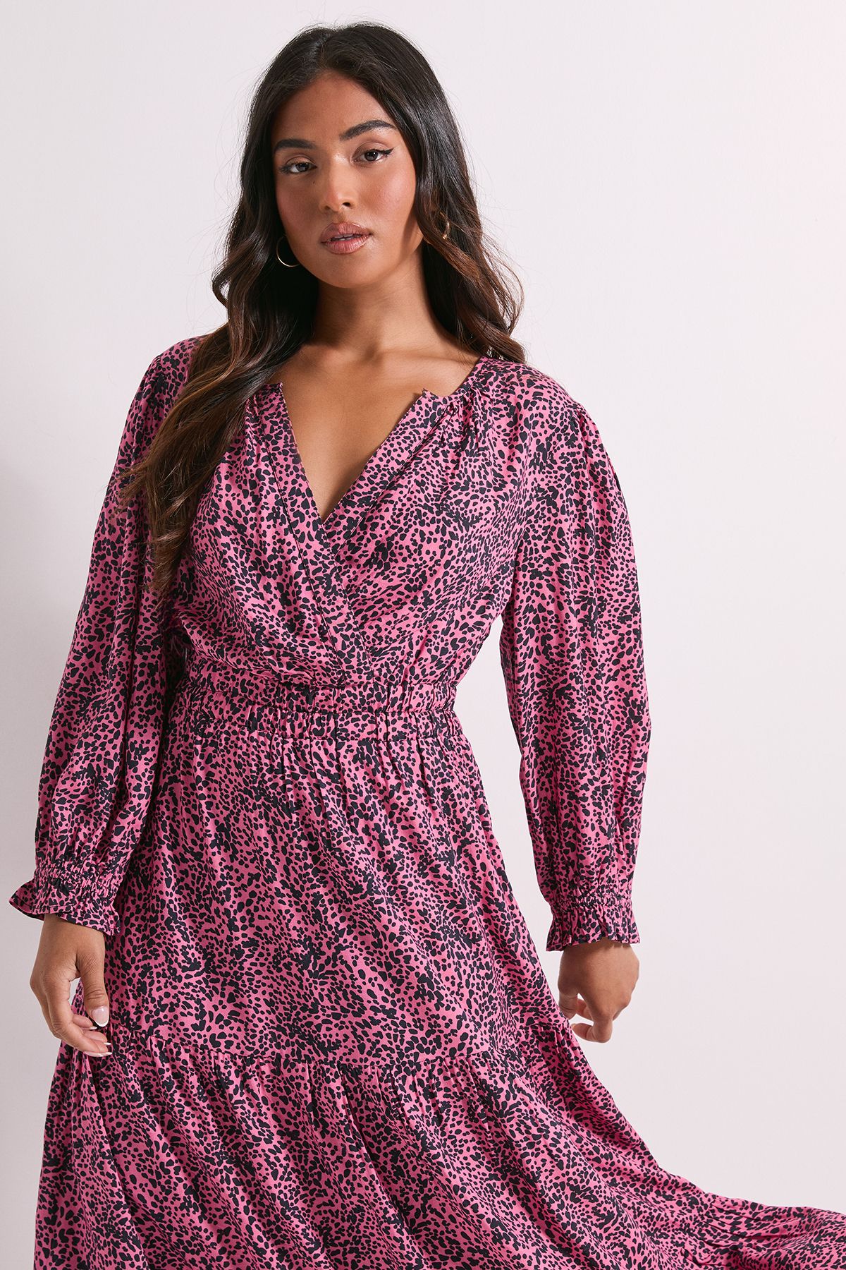 Dorothy Perkins Petite Pink Animal Wrap Front Tiered Skirt Midaxi Dress