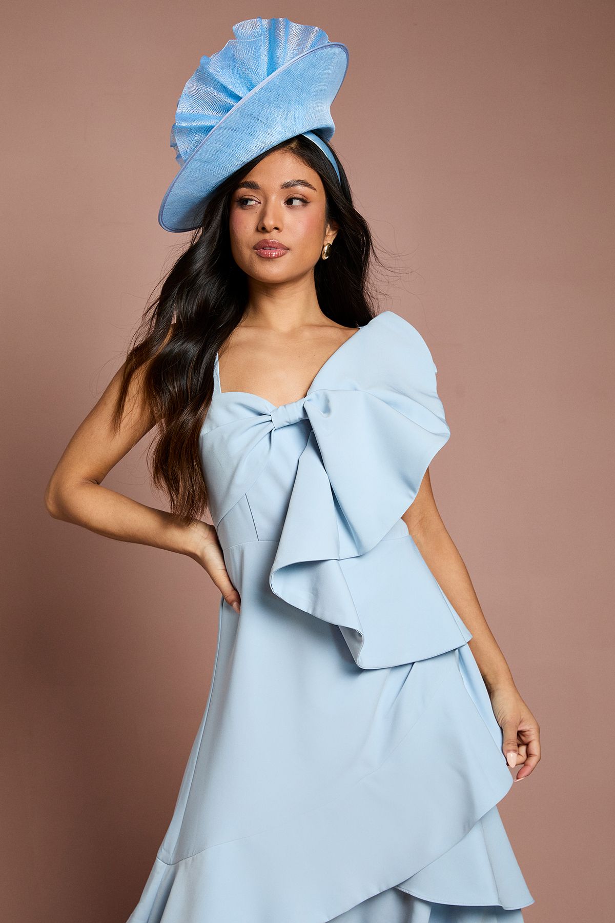 Coast Petite Lisa Tan Statement Bow Crepe Midi Dress