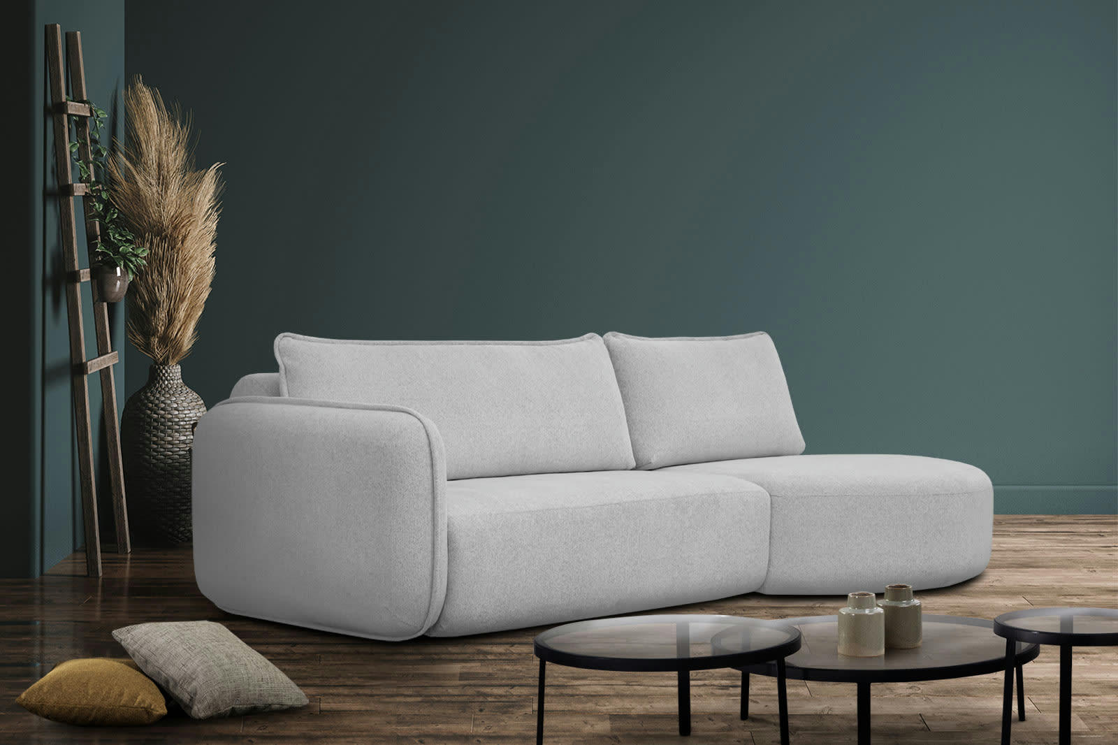 IPSUM - Canapé d'angle droit 3 places avec l'île tissu gris clair