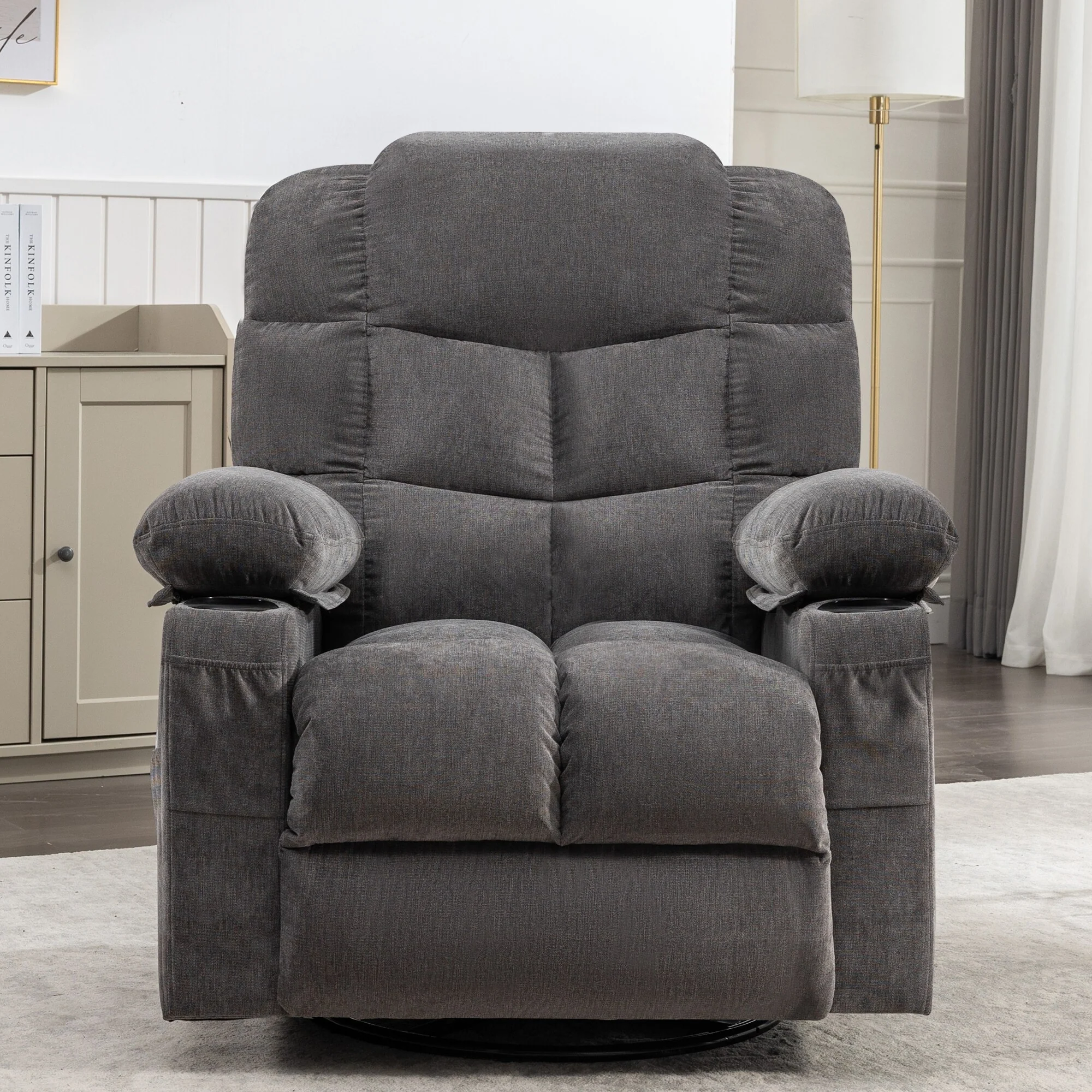 Grey Oversized Rocker Recliner with Massage, Heat, USB, and Cup Holders