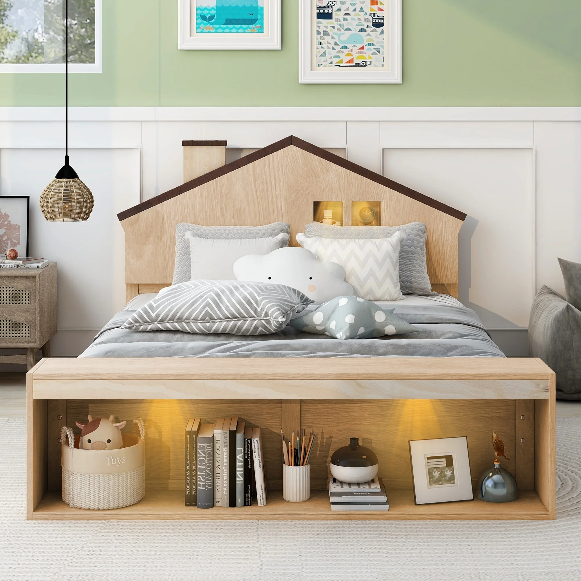 Rustic Full House Bed with LED Lights and Storage, Pine Wood & MDF Construction