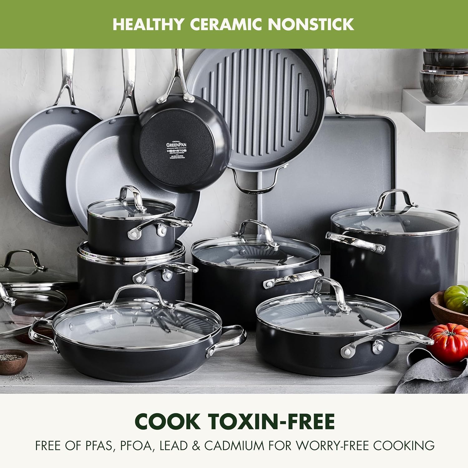 GreenPan Valencia Pro Ceramic Nonstick 22 Piece Cookware Set, Hard Anodized PFAS-Free Pots & Pans, Induction Ready, Compatible on All Cooktops, Dishwasher Safe, Oven Safe to 600F, Gray