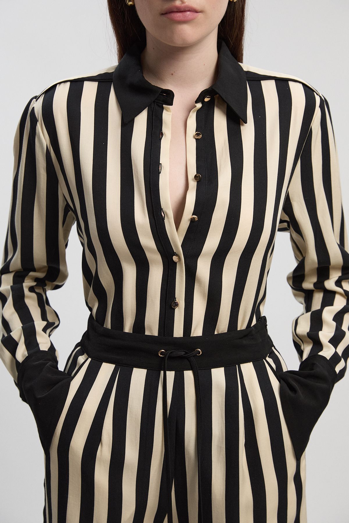 KarenMillen Mono Fluid Stripe Cotton Mix Woven Shirt