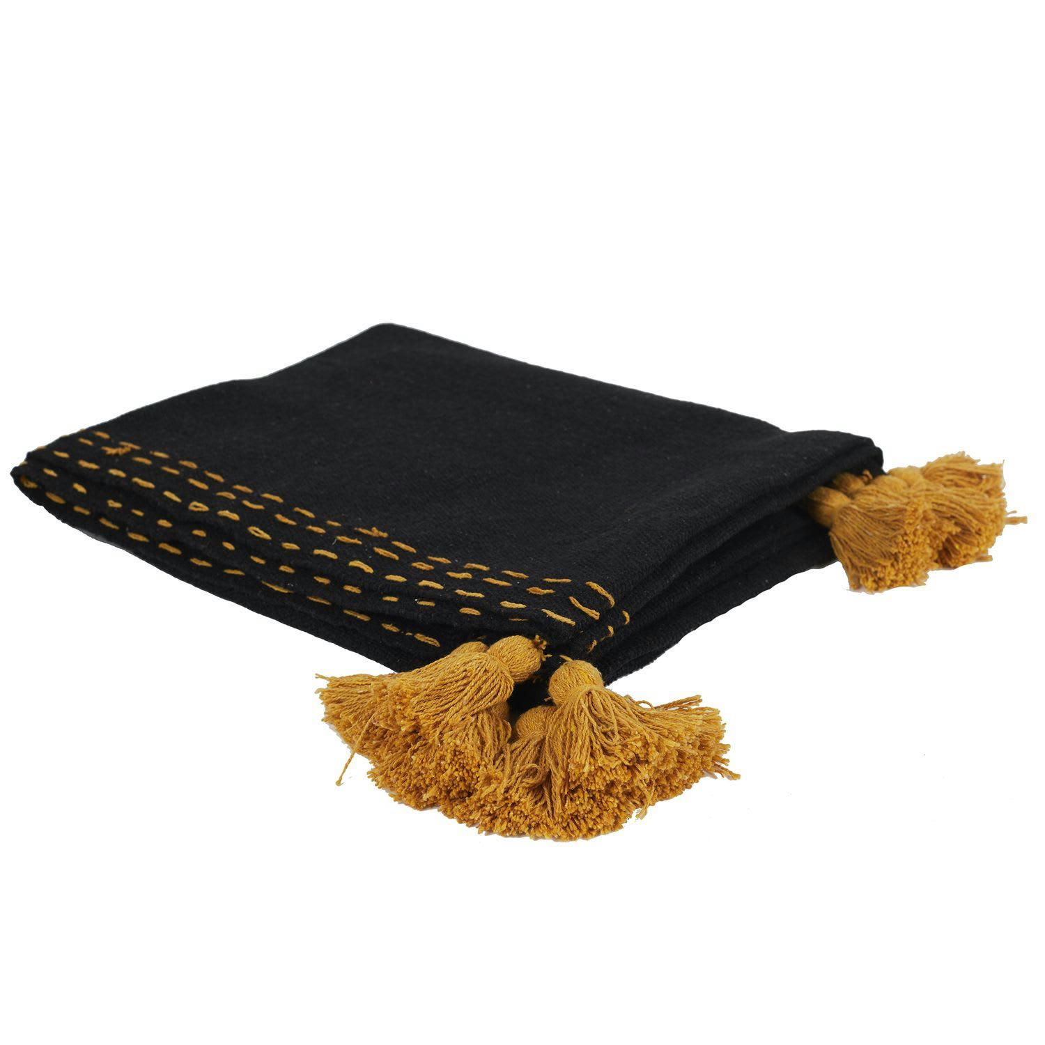 - Jeté de canapé surpiqué avec pompons noir et jaune