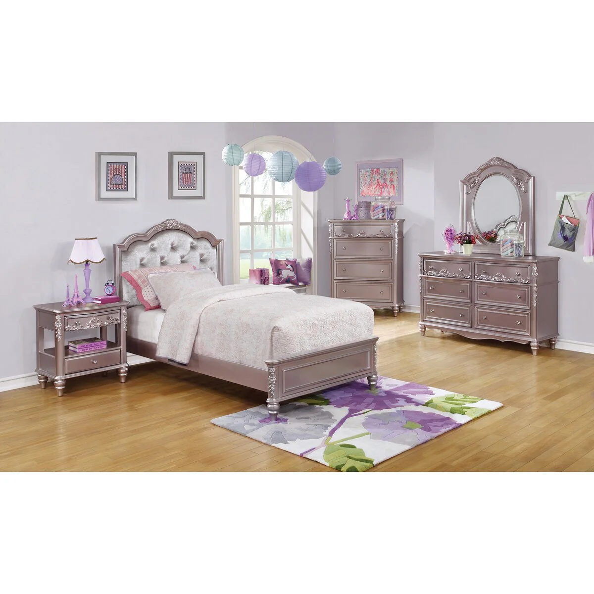 Deanna Metallic Lilac 3-piece Bedroom Set with 2 Nightstands