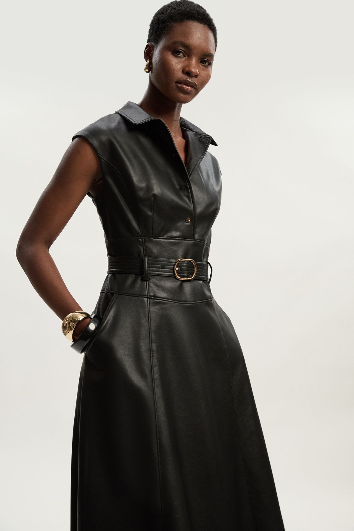 KarenMillen Faux Leather Belted Midi Dress