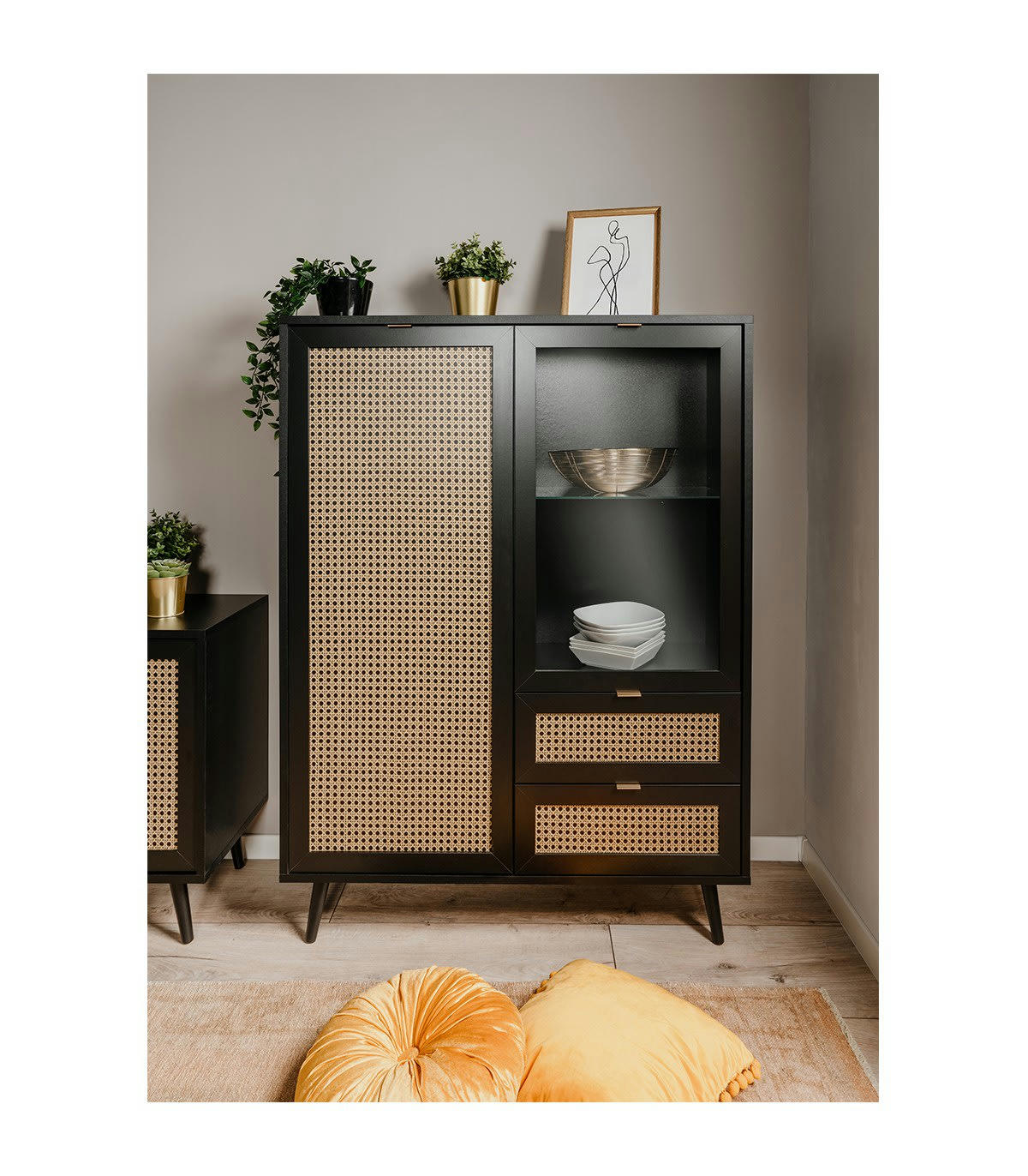 VILLA - Vaisselier 2 portes 2 tiroirs impression cannage et noir - L101,4 cm