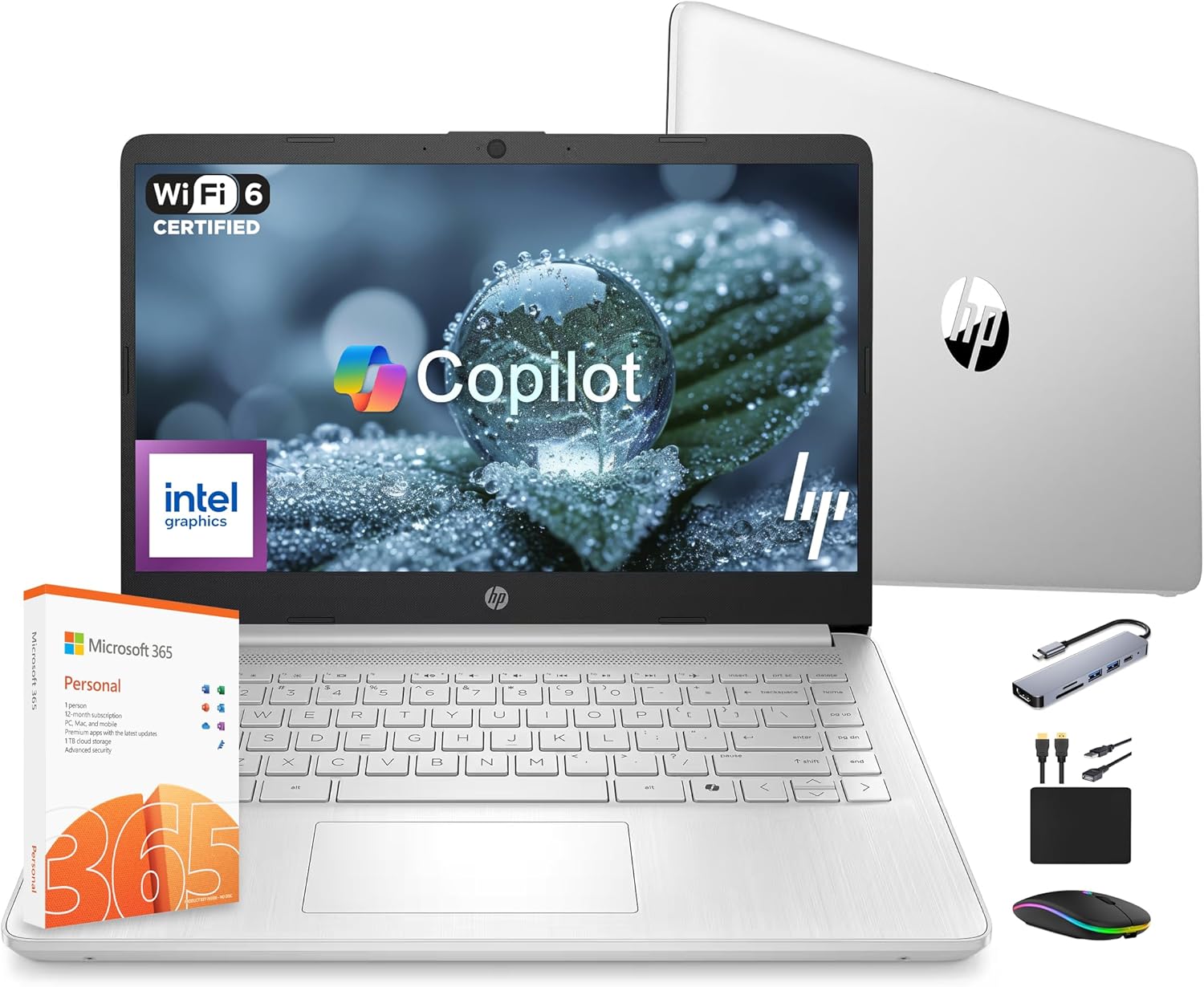 HP 14 Laptop Computer 2025 Ultra Light, AI Copilot Student Business, Quad-Core Intel, 16GB RAM, 628GB Storage (128GB UFS+ 500GB Ext), 1 Yr Office 365, 12 Hr Battery MarxsolAccessory Win 11S, Silver