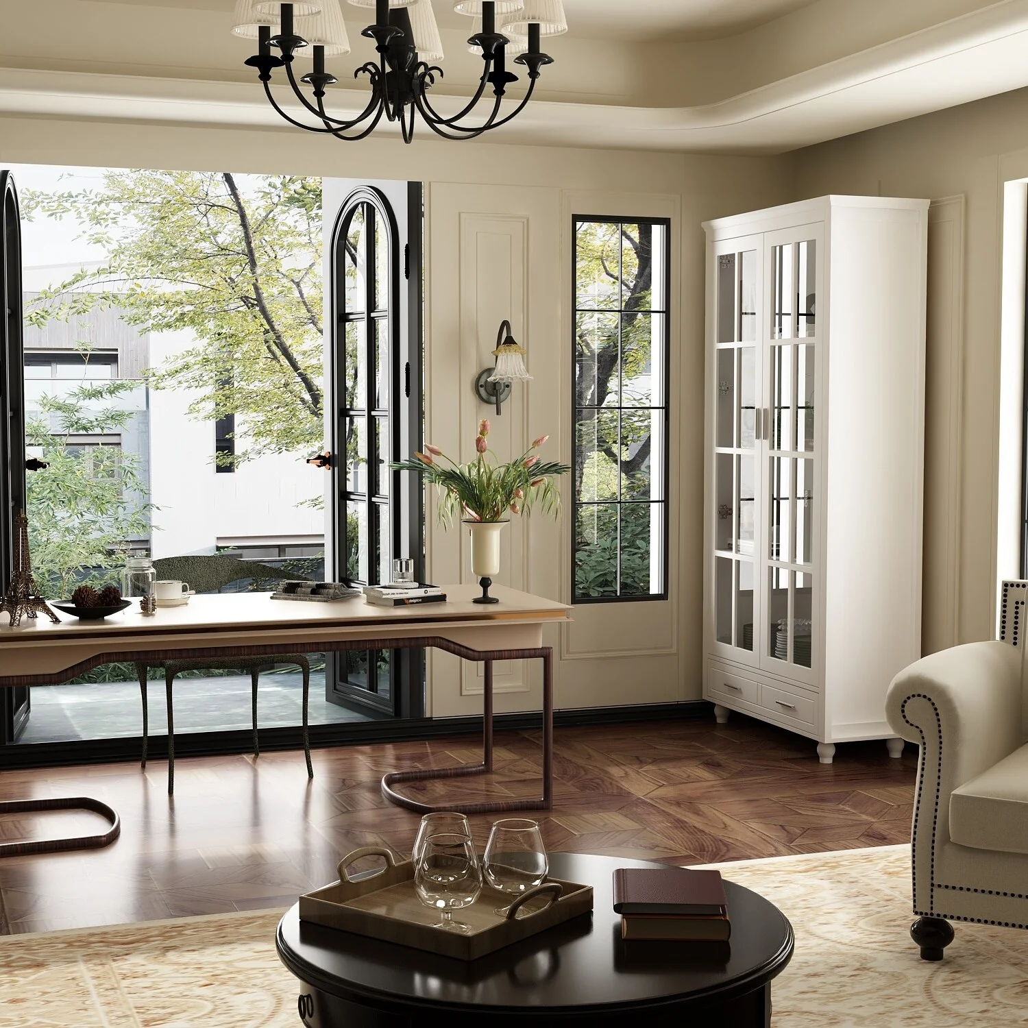 Bookcase Storage Cabinet with Glass Door& Drawer Display Cabinet White