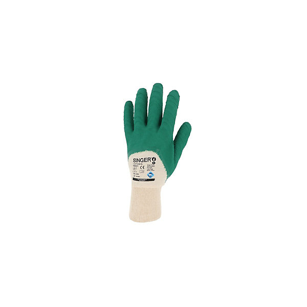 Gant manutention SINGER Taille 9 LATEX Crêpé vert Milieux humides Enduit 30cm Dos aéré Paume latex crêpée poignet tricot