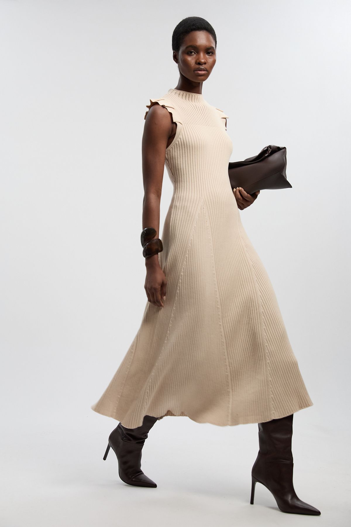 KarenMillen Pointelle Frill Sleeve Knit Midi Dress