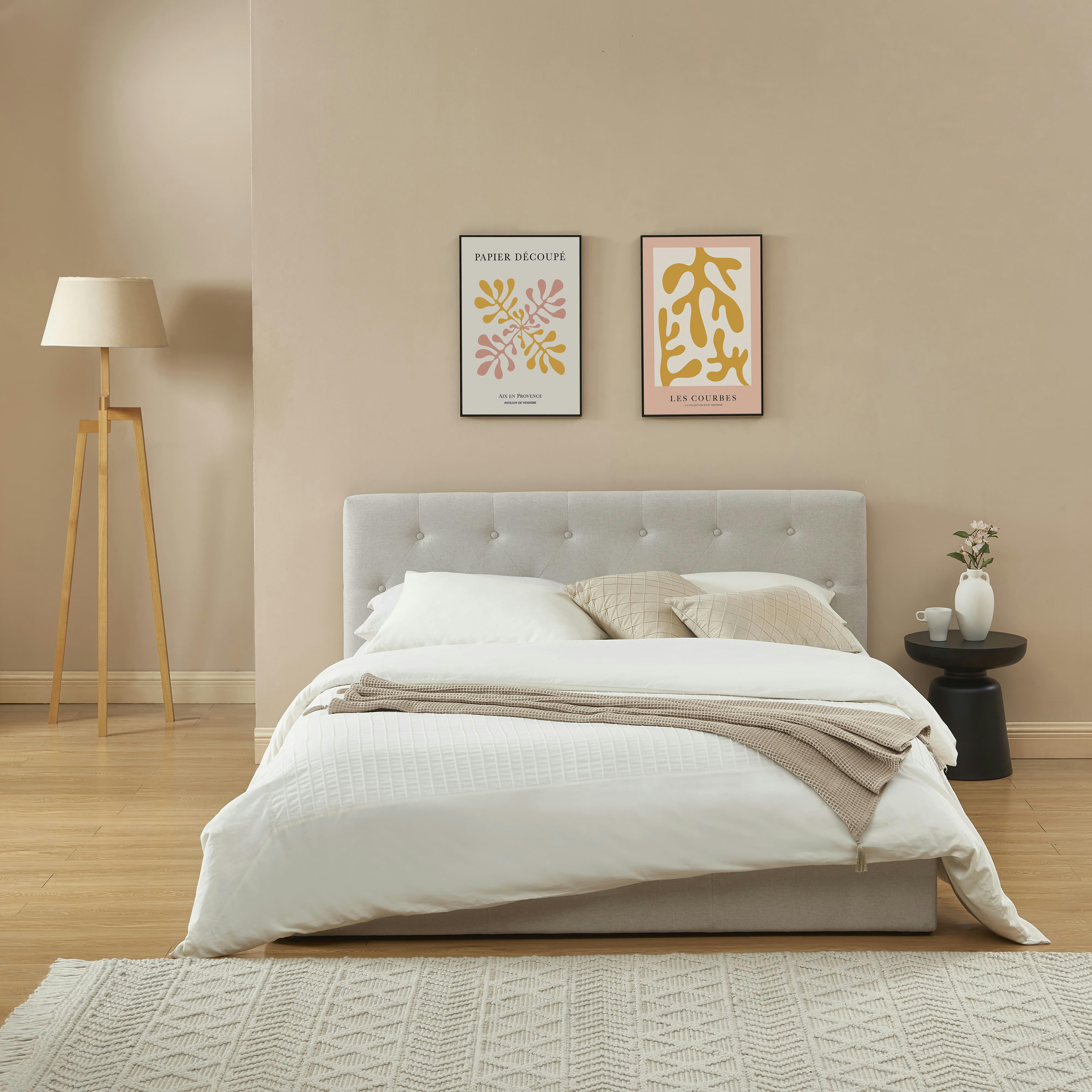 BAHIA - Lit coffre  tissu beige lin 140x190 sommier inclus