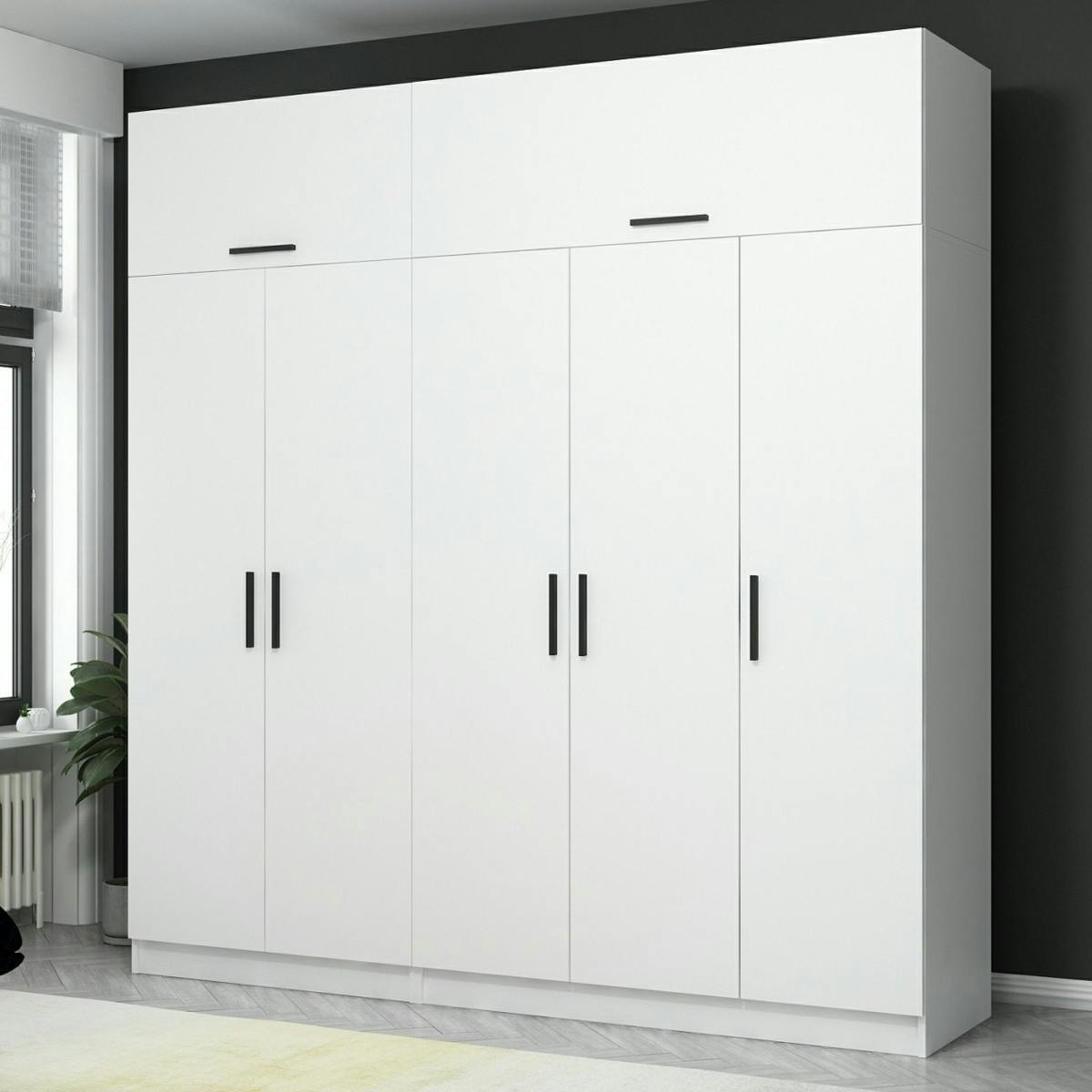 Armoire dressing blanche 7 portes vitrées 5 portants BYRON
