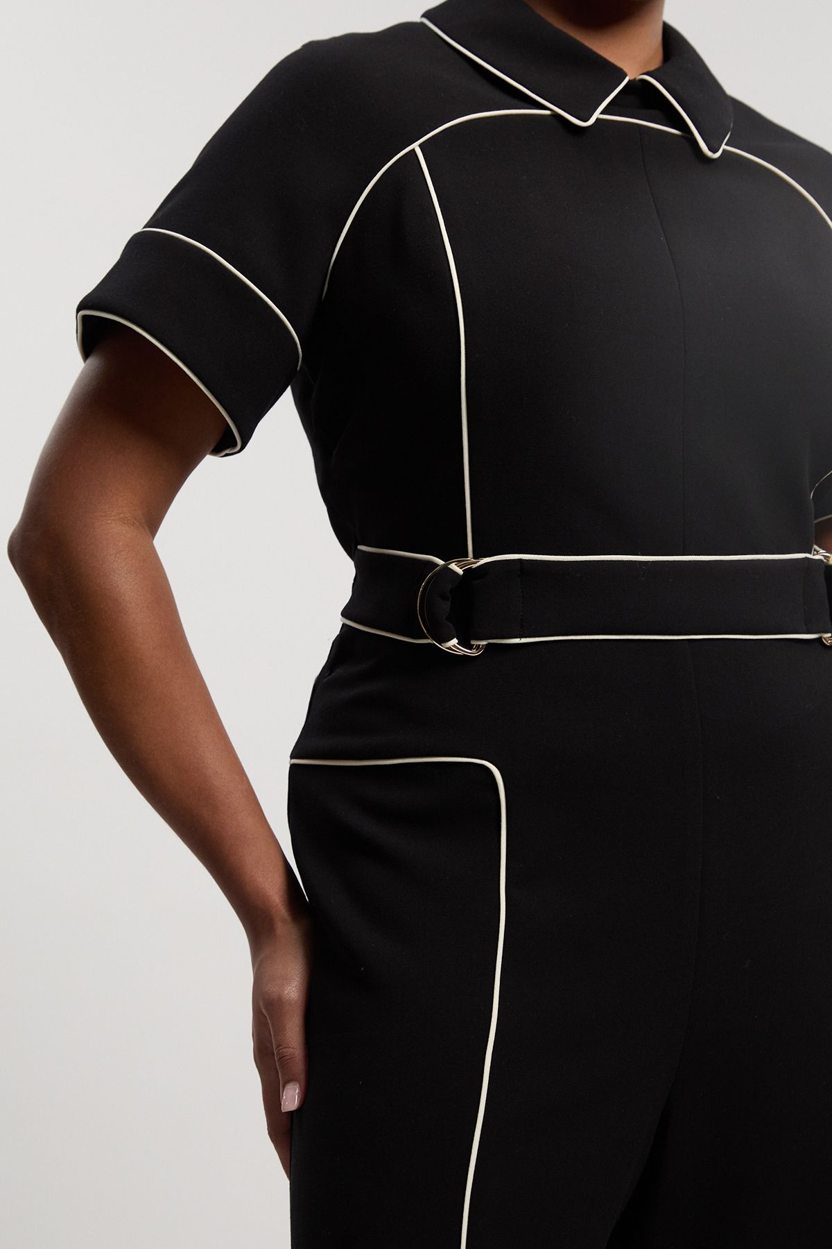 KarenMillen Plus Size Compact Stretch Contrast Tipped Tab Detail Tailored Jumpsuit