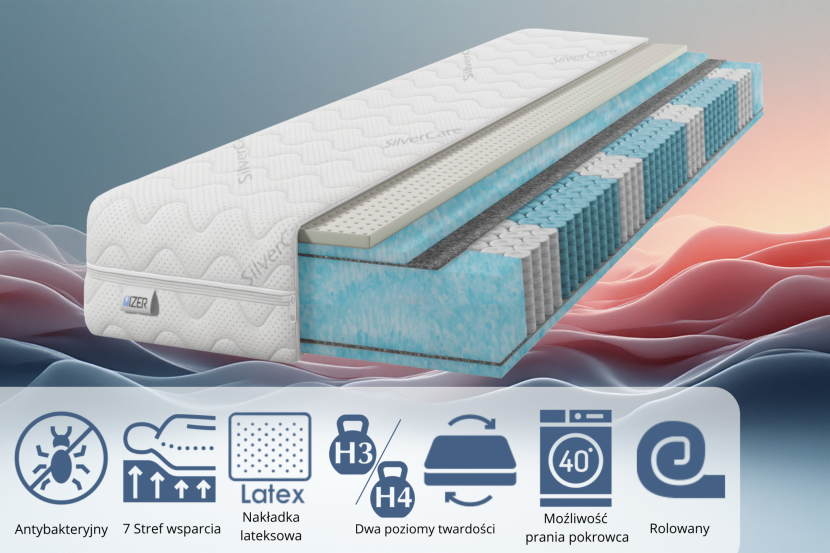 Materac 70x190 sprężynowy Multipocket Lateks Aqua SilverCare H2 22cm