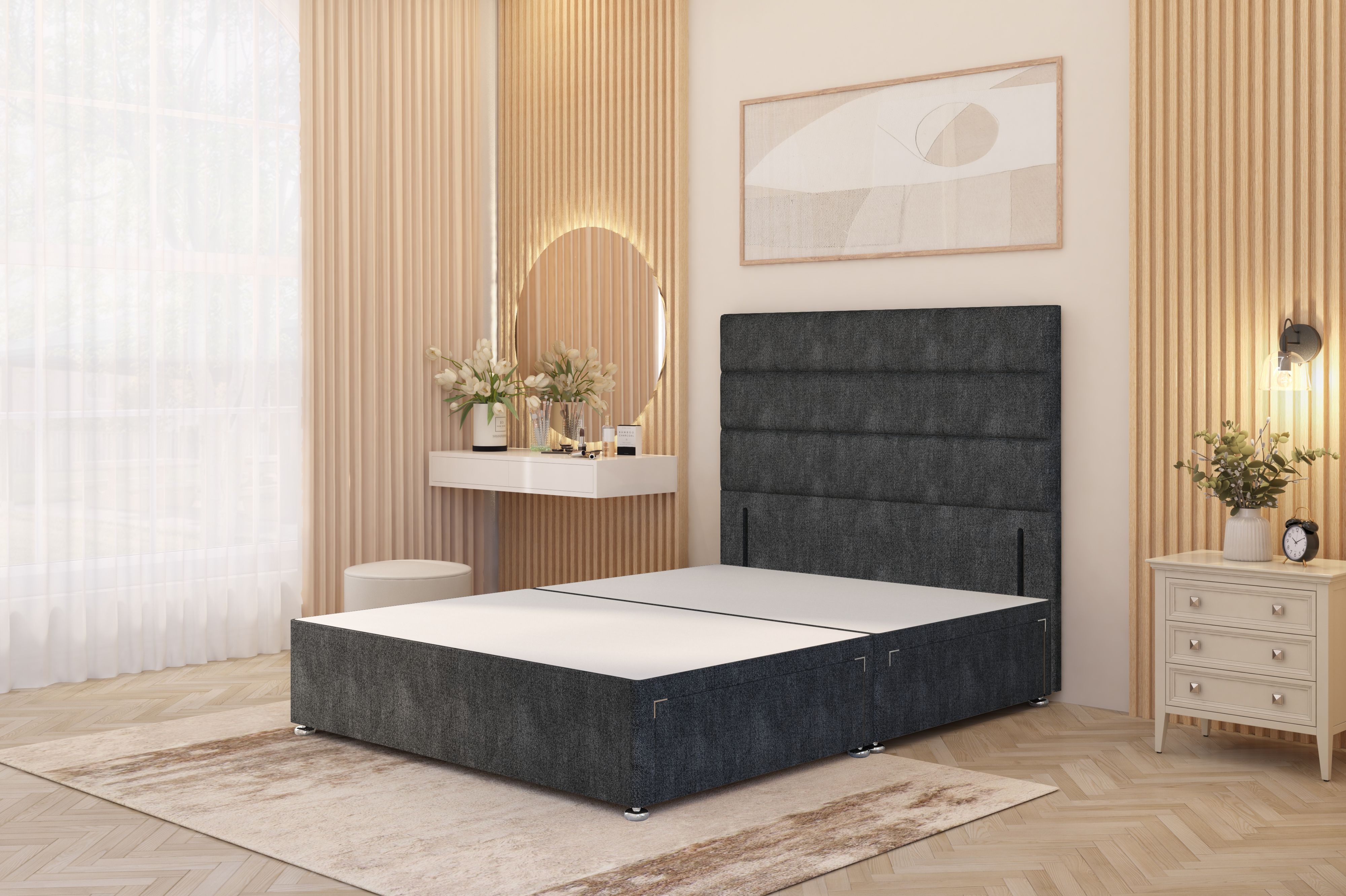 Somnior Chambery Divan Bed Frame 4 Drawers with Floor Standing Headboard Tweed