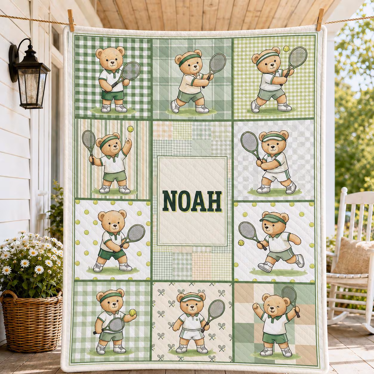 Tennis Bear Quilt Blanket, Green Gingham Sports Patchwork Throw, Preppy Racket Theme Bedroom Decor