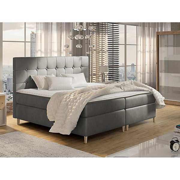 Lit continental Baltimore 130, Double, Gris, Tissu, Disponible
