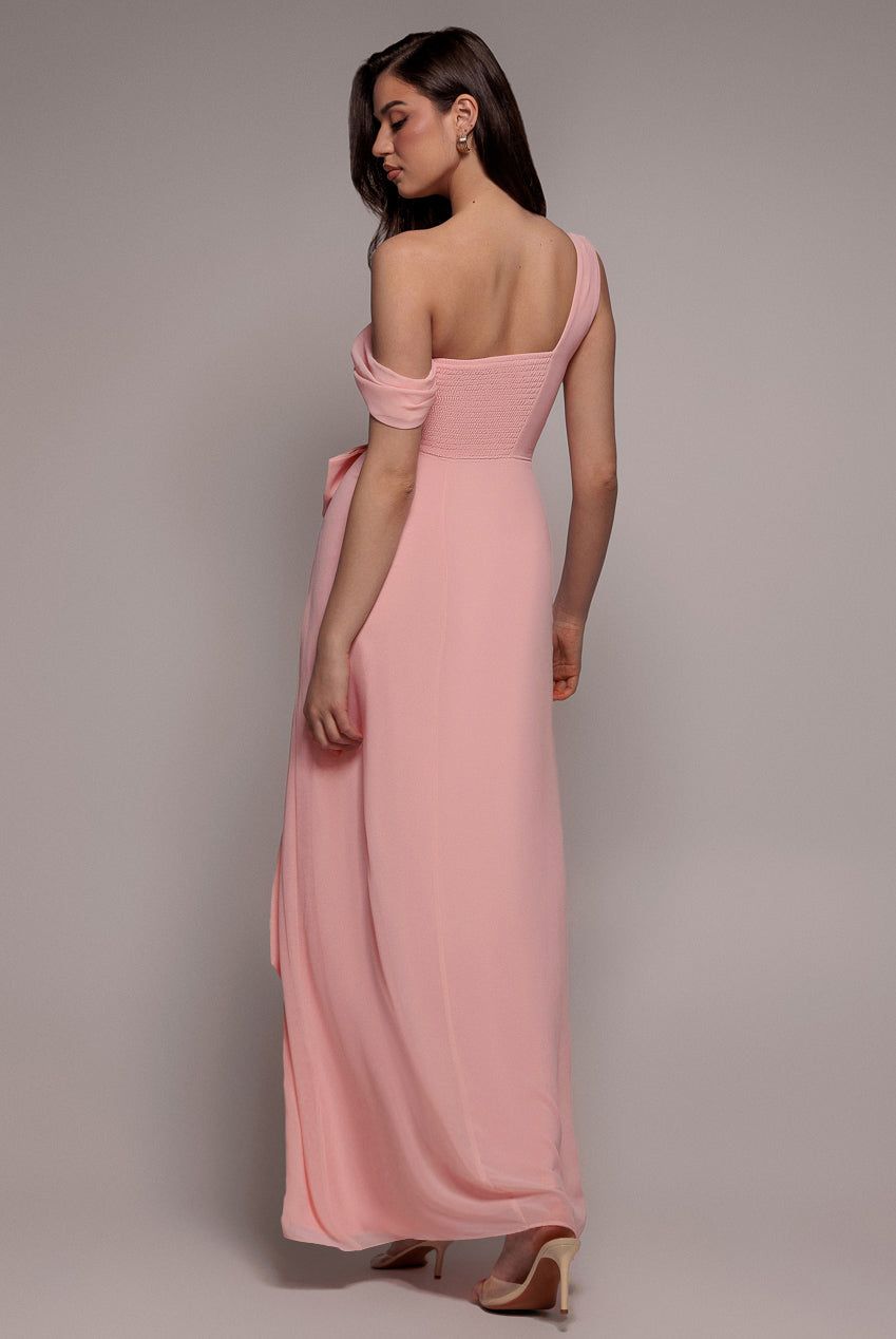 Goddiva One Shoulder Cowl With Bow Detail Maxi Dress