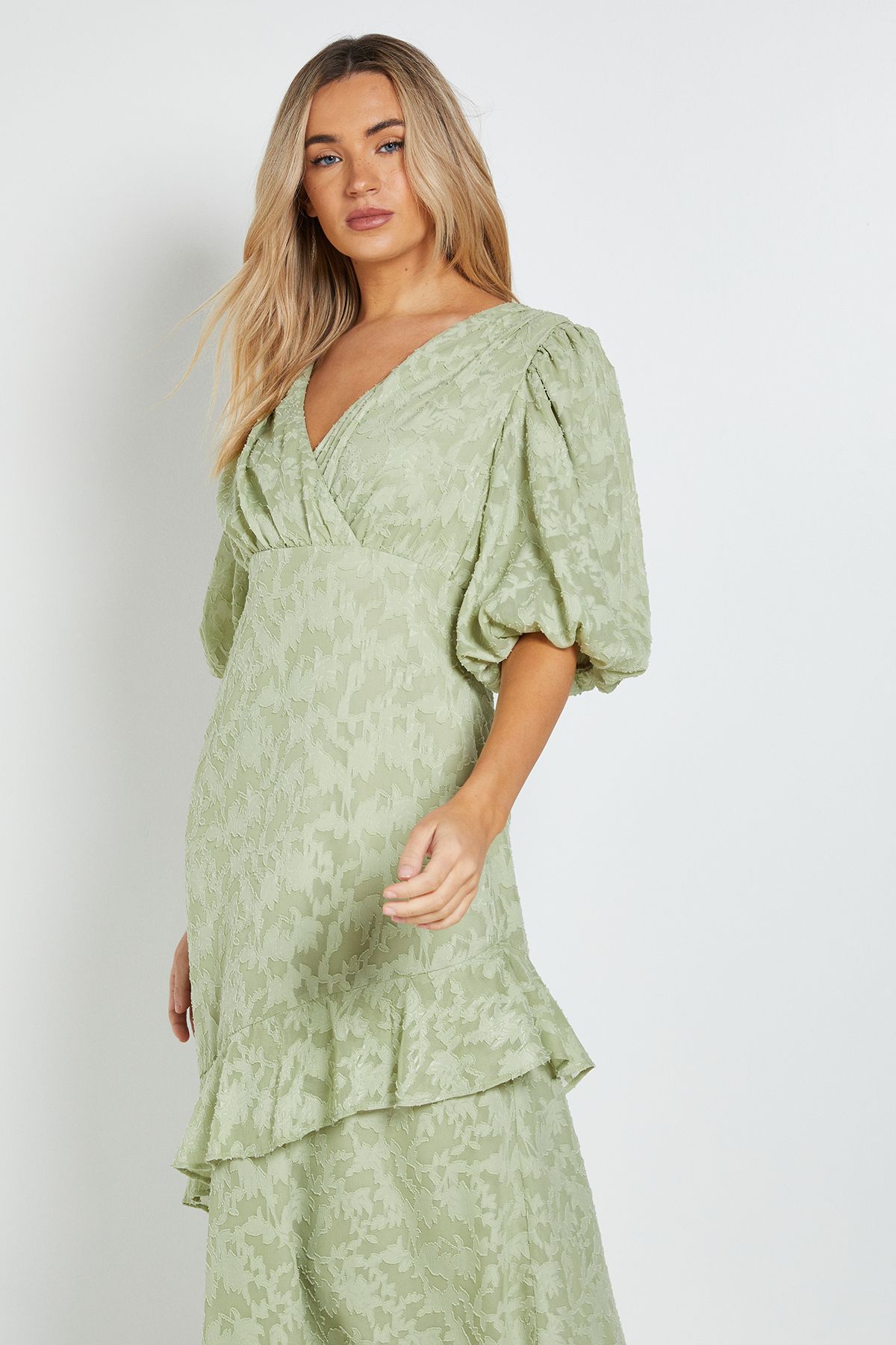 Dorothy Perkins Petite DP Luxe Wrap Front Puff Sleeve Ruffle Maxi Dress