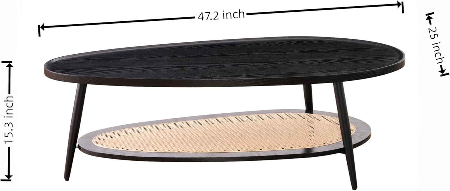 Shrine Oval Wood and Rattan Coffee Table, Mid-Century Modern Coffee Table, Two-Tier Black Walnut Table for Living Room, D47.2''x W25''x H15.3'', Walnut Wood Top and Woven Rattan Base