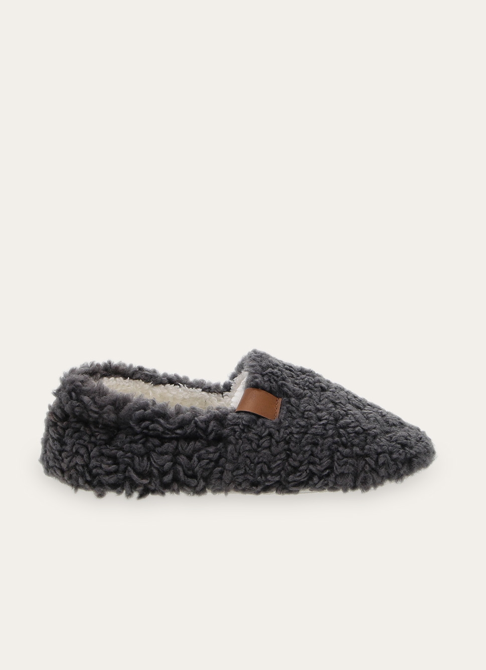 CHAUSSONS UNIS EN SHERPA AVEC DÉTAIL SIMILI CUIR GRIS FONCE