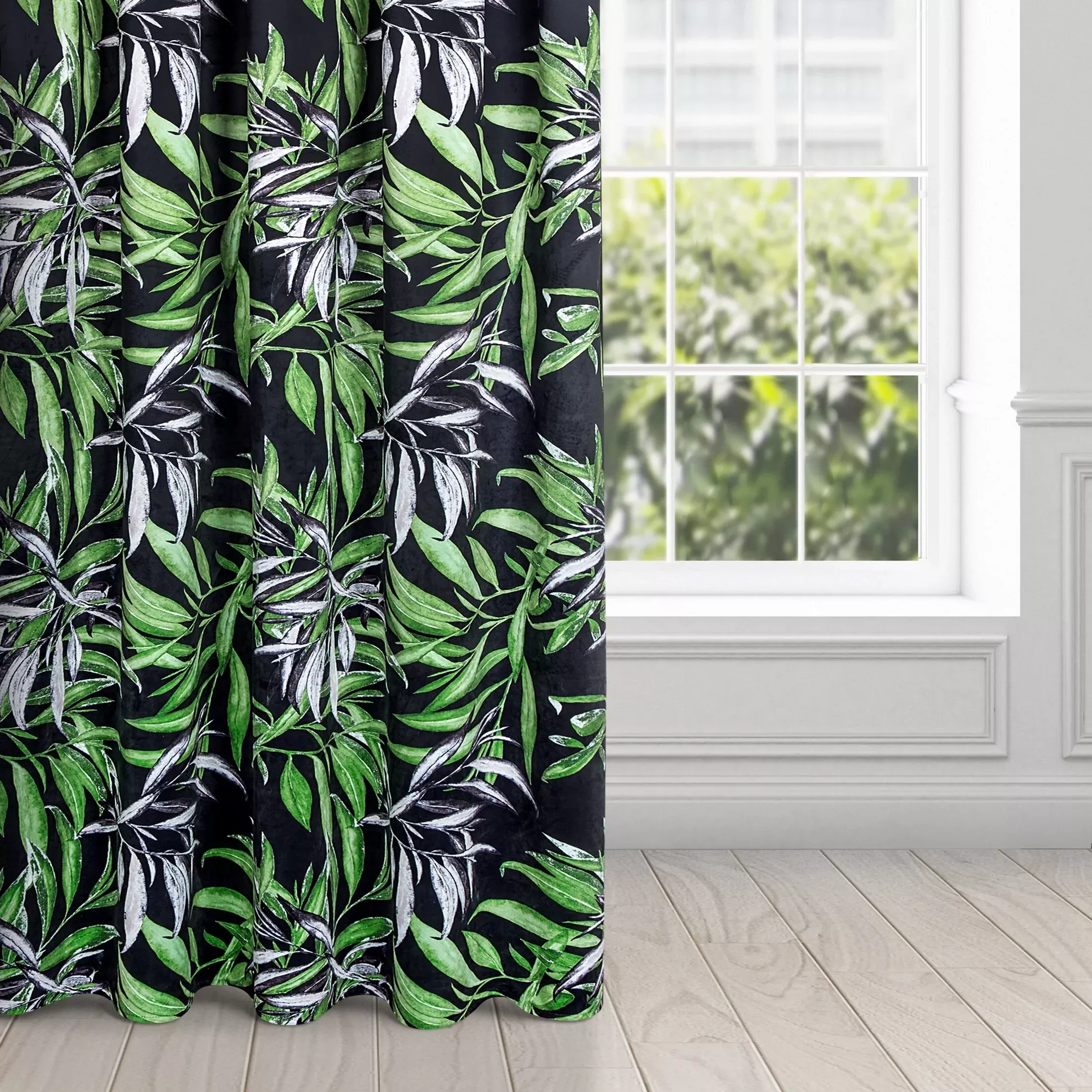 Zasłona welwetowa czarno, zielona w stylu botanic 140x270 cm taśma - ZOJA