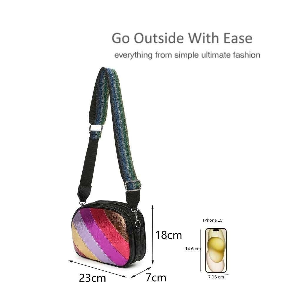 Kitise Rainbow Style Metallic Stripes Triple Compartments Crossbody Bag