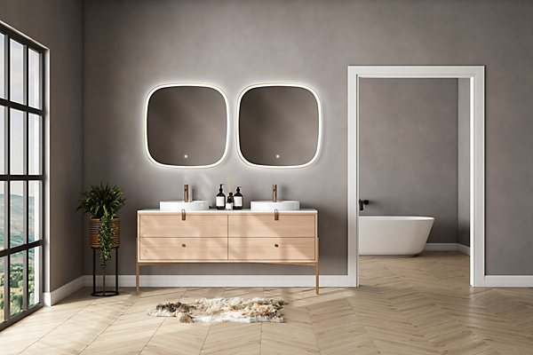 Miroir salle de bains éclairant à LED cadre doré carré l.80 x H.80 x P.4 cm, anti-buée, MPGlass Céleste