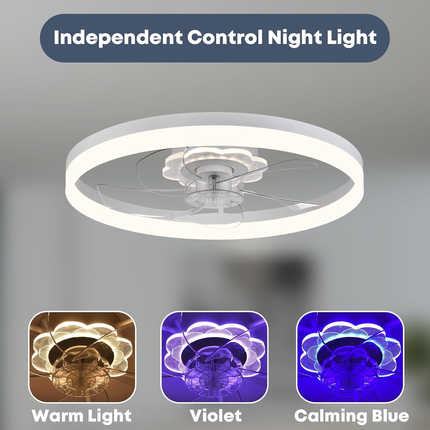 Fszdorj 23.6'' Ceiling Fan with Light, Upgraded Low Profile Fan, Flush Mount Ceiling Fan, 6 Speeds, Dimmable LED, App & Remote Control, Quiet DC Motor, for Bedroom, Living Room, F115 White