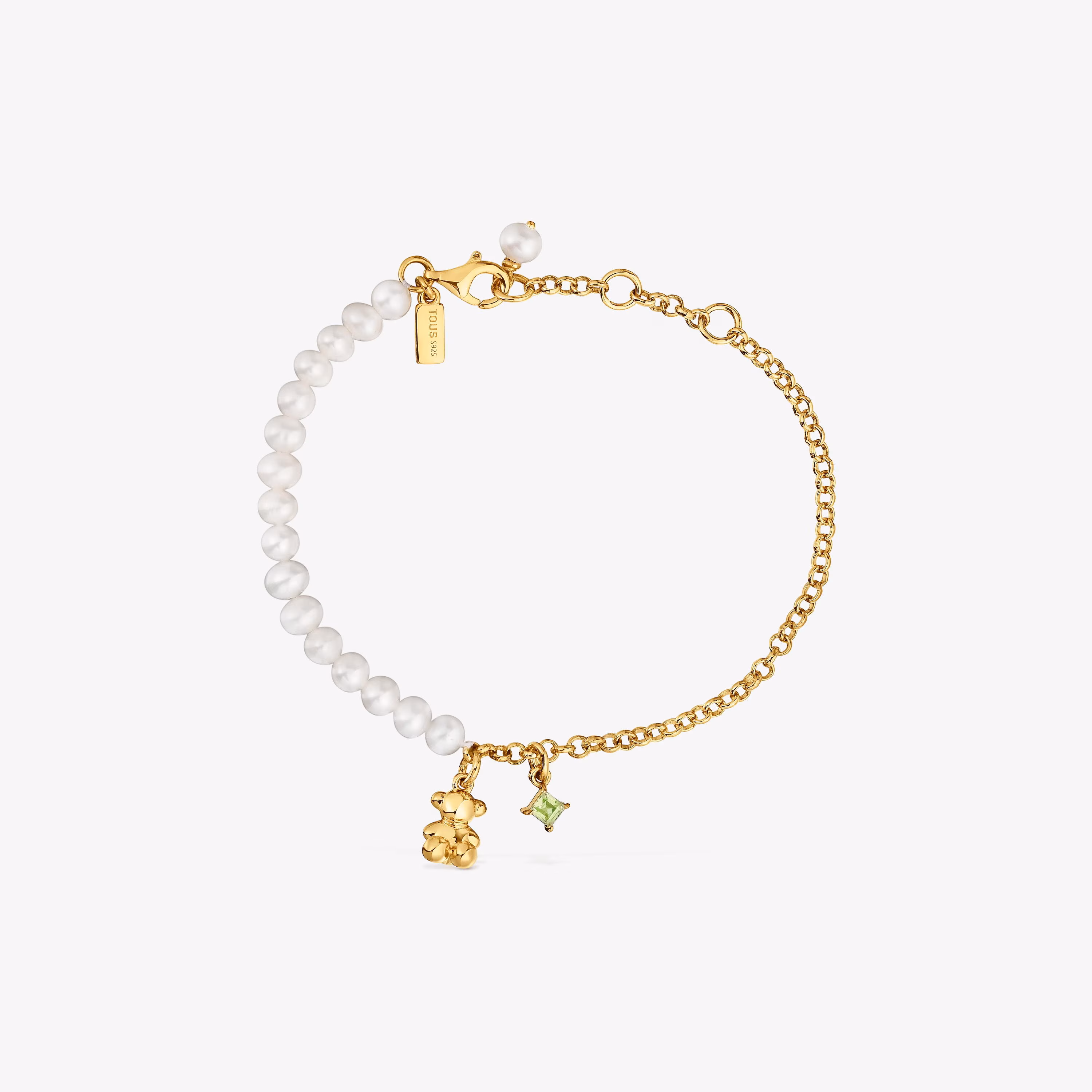 Pulsera cadena oso con baño de oro sobre plata, perlas cultivadas y peridoto Bold Bear