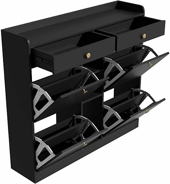 Meuble à Chaussures Moderne avec 4 Portes battantes, Multifonctionnel Armoire de Rangement avec 2 tiroirs et 3 Compartiments,noir