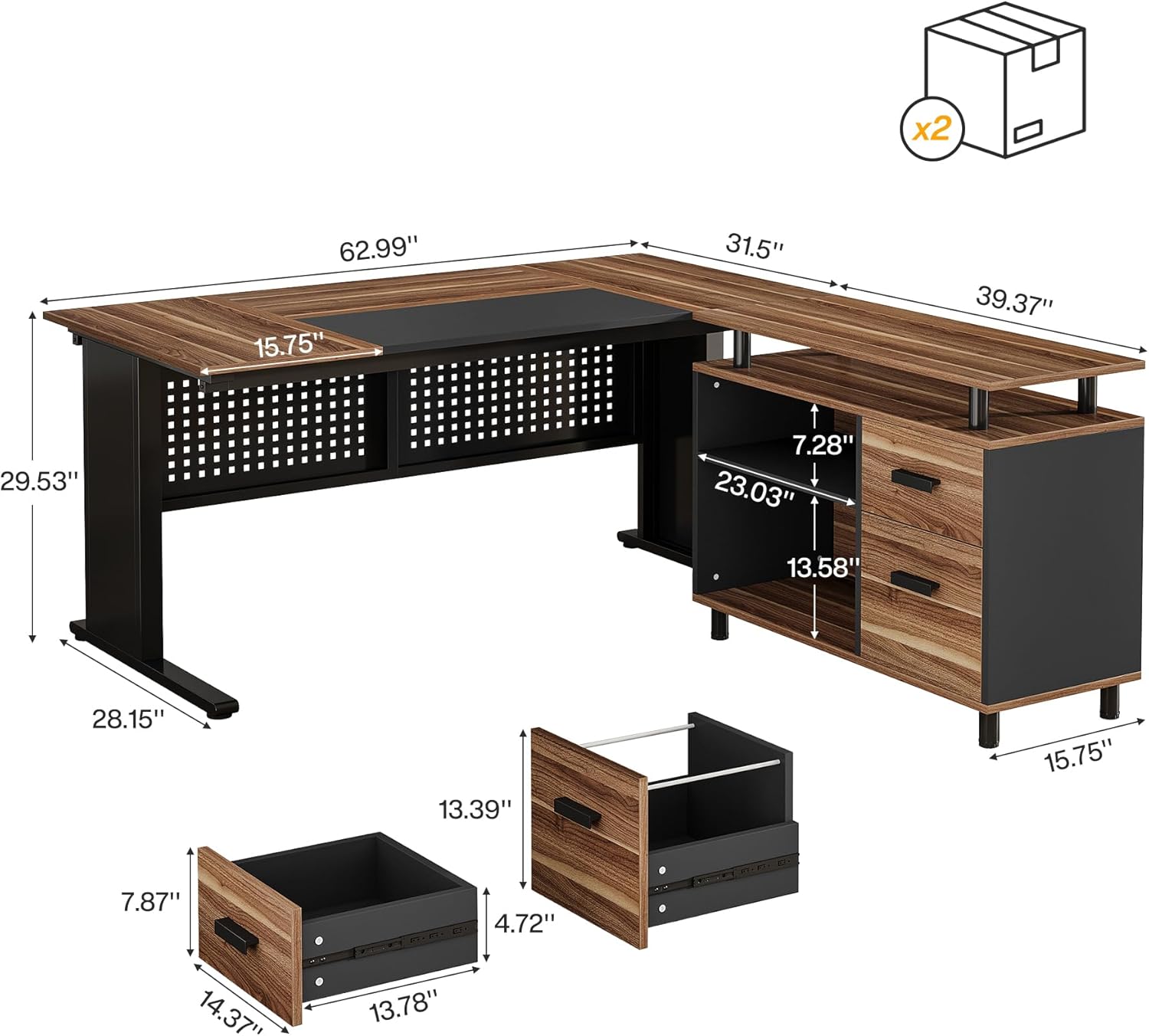 Tribesigns 63-Inch L-Shaped Executive Desk with Storage Shelves, Large Office Computer Desk with Drawers and File Cabinet, Industrial Business Workstation for Home Office, Brown and Black