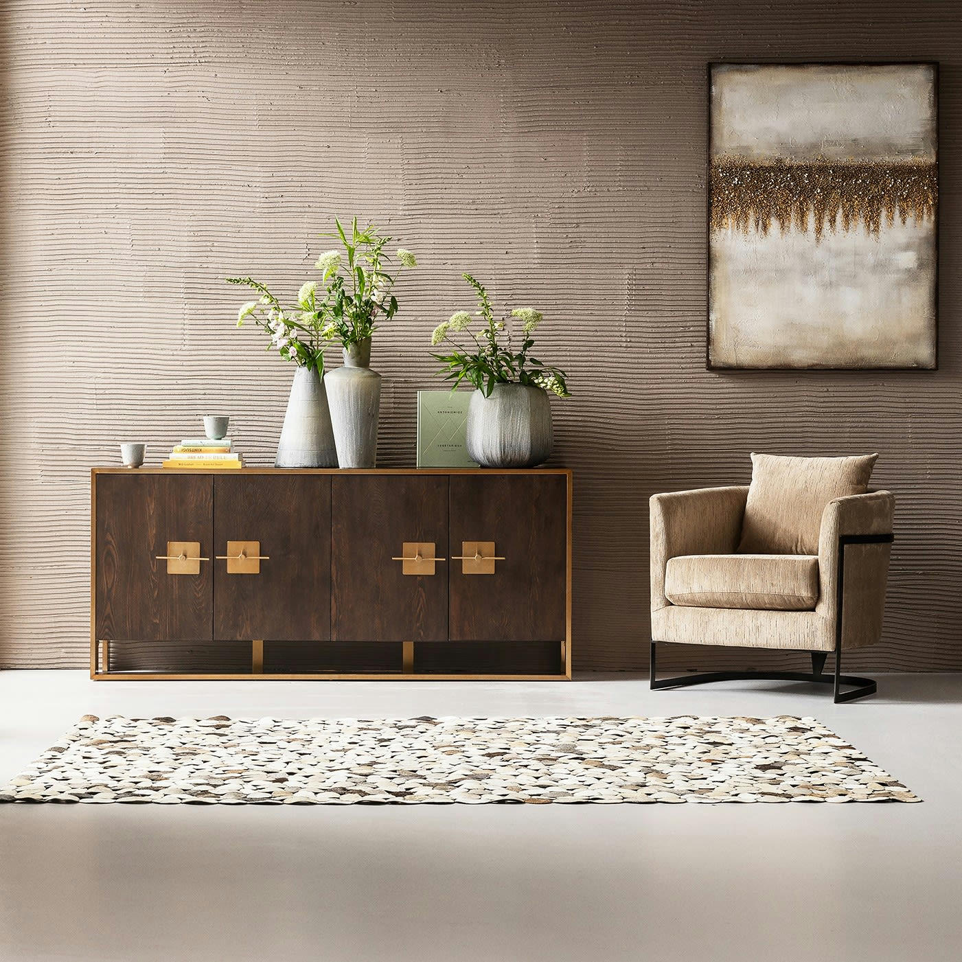 OSAKA - Buffet 4 portes rétro marron et acier doré