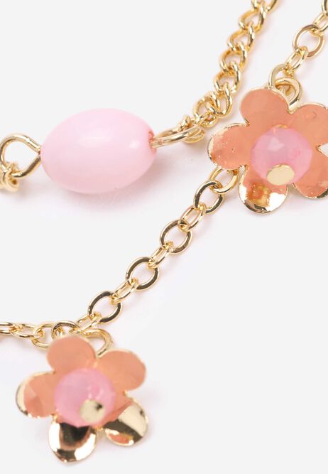 Womens Gold Double Row Pink Flower Necklace