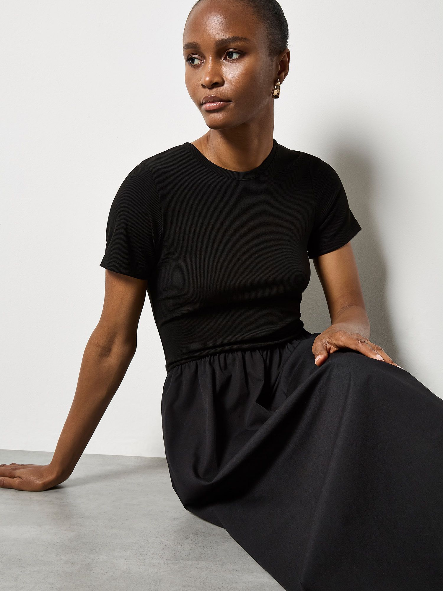 Apricot Ribbed Knit Top Fit And Flare Midi Dress