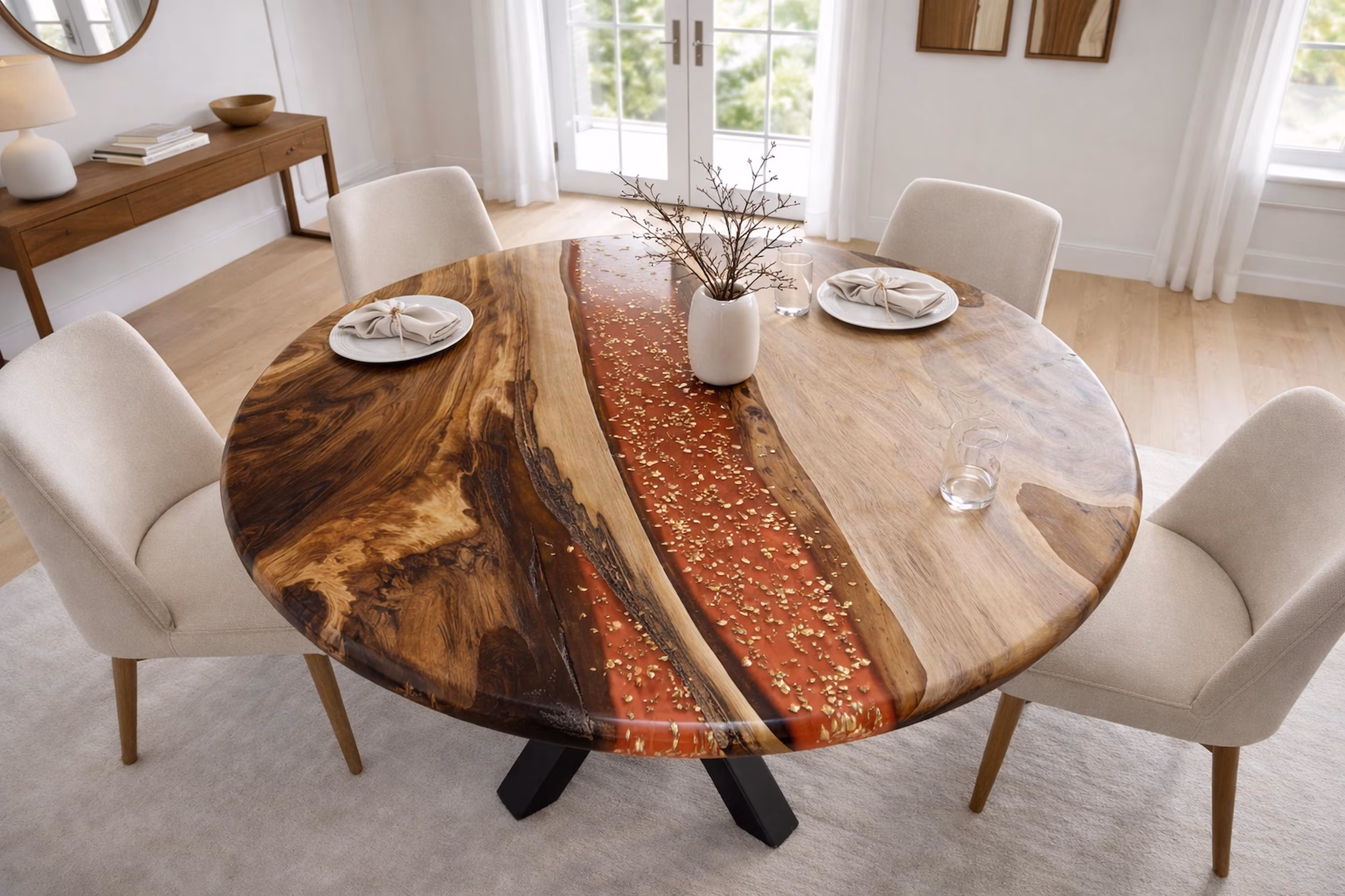 Custom Round Dining Table Solid Wood Epoxy Option Handmade Round Wood Furniture Kitchen Table Live Edge Style Made to Order 20 to 72 Inch