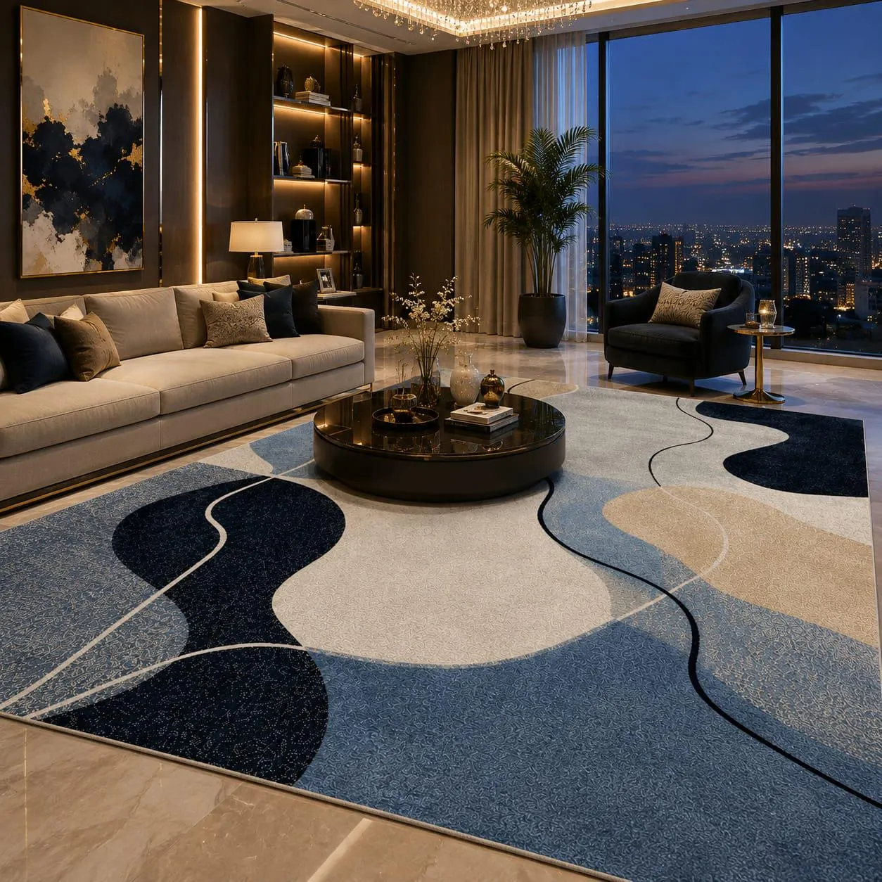 Abstract Area Rug, Beige Blue Black Geometric Contemporary Carpet, Minimalist Living Room Floor Rug