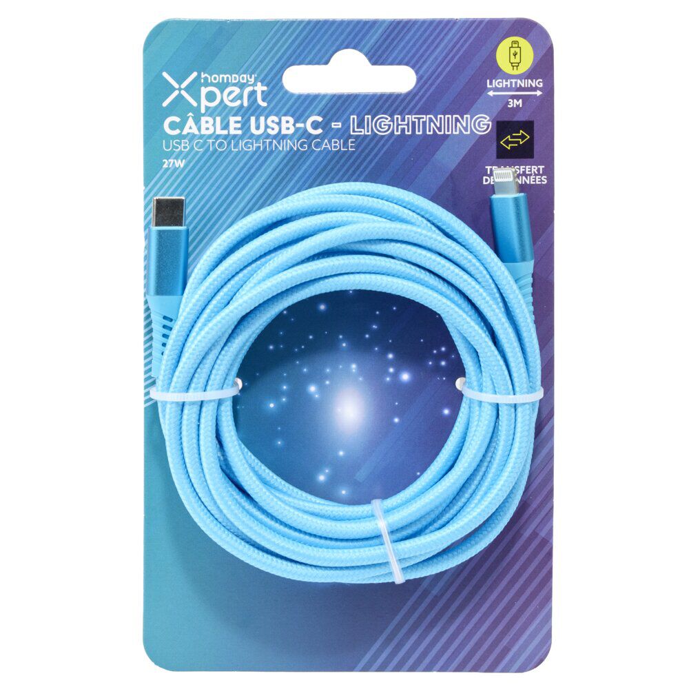 Câble de charge USB vers lightning nylon 3m (2 modèles bleu ou violet)